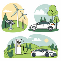 Clean energy for electric vehicles, environmentally friendly nature drawings vector work