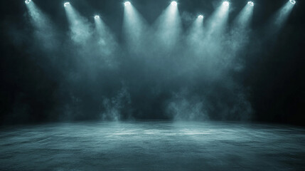 Abstract empty stage with grey smoky spotlights 