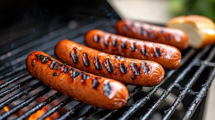 hotdog or hot dog grilling on a bbq, barbeque or barbecue grill. commonly served in the slit of a half sliced bun. 
