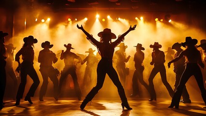 Silhouette of Line Dancers at Country Western Dance Party with Dramatic Stage Lighting