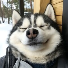 Fototapeta premium A happy dog is smiling with eyes closed in winter