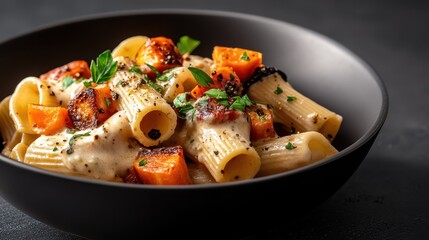 This vibrant dish features rigatoni pasta tossed with roasted butternut squash, creamy sauce, and topped with fresh herbs, creating a warm and inviting meal.