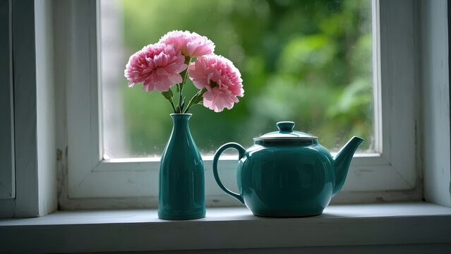 Delicate pink carnations in a teal vase beside a serene teal teapot, a tranquil window scene bathed in soft light. - Powered by Adobe