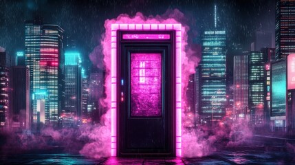 Obraz premium A glowing neon portal appears in a futuristic cityscape setting
