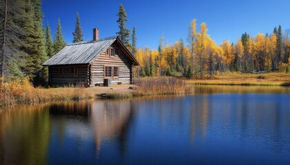 Secluded Log Cabin Nestled by Serene Lake,Autumn Reflections A Picture of Tranquility