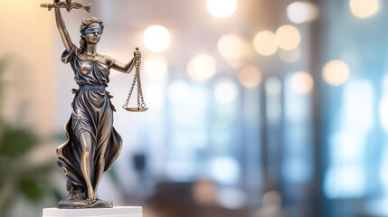 Bronze statue of Lady Justice, blurred office background.  Possible use Legal concept, business background