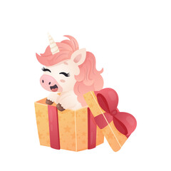 Unicorn in a Gift Box  Cute Birthday Surprise Illustration