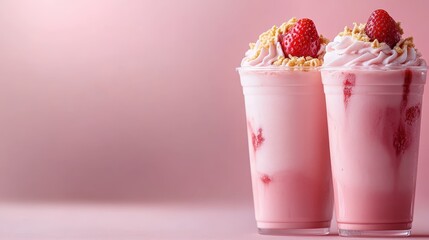 A delectable pink strawberry milkshake topped with whipped cream and fresh strawberries, perfect for refreshing summer treats and indulgent desserts that please the palate.