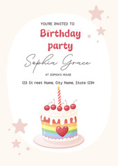 Birthday Invitation with Cute Cake  Pastel Party Card