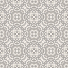 Ornate Grey Damask seamless Pattern with Elegant Floral and Baroque Details. Vector design for Wallpaper, Fabric, Branding, Packaging, Invitations, Wedding, Home Decor Design.