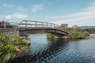 Fototapeta premium Concrete pedestrian bridge spans serene waterway surrounded by lush greenery on a clear day