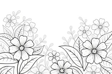 Tropical plant theme, Floral design with intricate outlines showcasing various flowers and leaves. Outline for coloring.