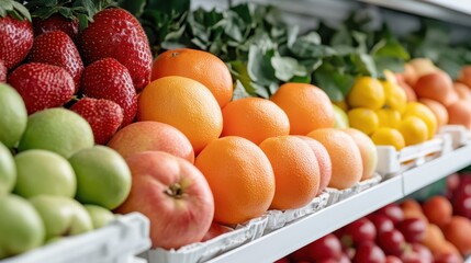A vibrant display of fresh fruits including strawberries, oranges, and apples, arranged on organic shelves surrounded by greens, promoting fresh living and healthy eating.