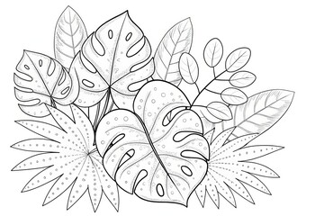 Tropical plant theme, Intricate line drawing of various tropical leaves and plants in a lush arrangement. Outline for coloring.