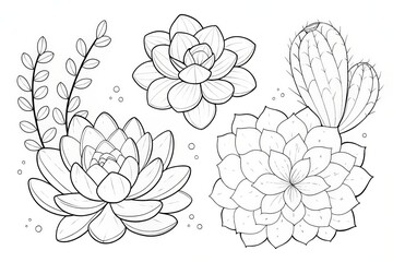 Tropical plant theme, Detailed line art of various succulent plants and cacti for coloring. Outline for coloring.