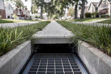 Drainage system alongside a sidewalk in a suburban neighborhood during sunny weather