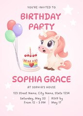 Cute Unicorn Birthday Invitation with Balloons and Cake