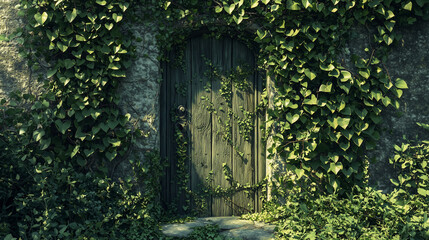 Naklejka premium Secret garden with an ancient wooden door covered in vines, surrounded by mystical greenery and soft light.