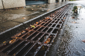 Rainwater collects in street drain as autumn leaves gather in urban setting