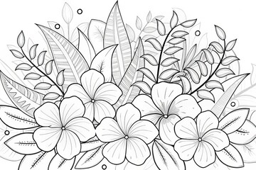 Tropical plant theme, Floral line art design featuring leaves and blooms in a detailed, intricate arrangement. Outline for coloring.