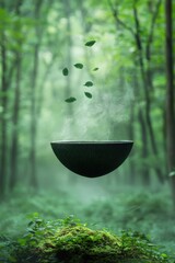 A dreamlike setting of a floating ramen bowl in a misty forest.