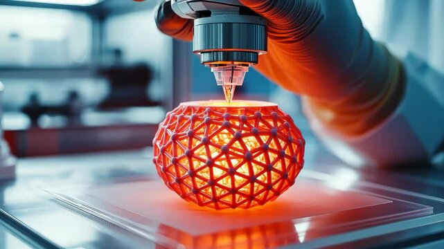 Hand holding a 3D printer creating a pink vase.