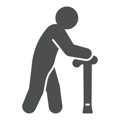 Old man with walking cane solid icon, human rescue concept. Vector graphics. Human and hand crutch sign on white background, glyph style icon for mobile or web design.