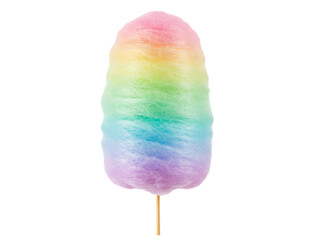 Rainbow cotton candy png, multi-colored treat on stick, isolated on transparent background