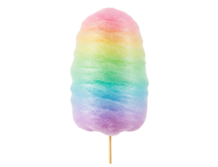 Rainbow cotton candy png, multi-colored treat on stick, isolated on transparent background