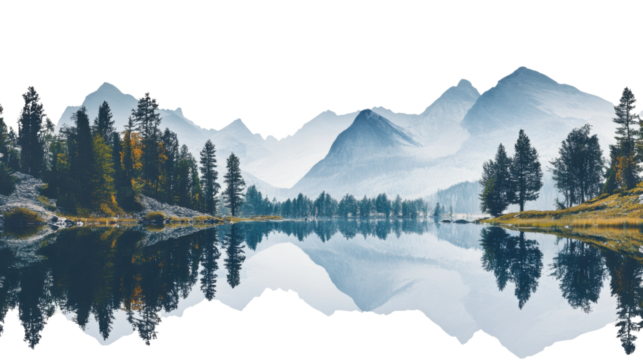 Pristine mountain lake reflecting majestic peaks in transparent background