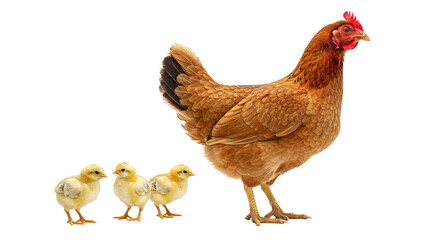 Brown hen with chicks png, mother chicken and baby birds, isolated on transparent background