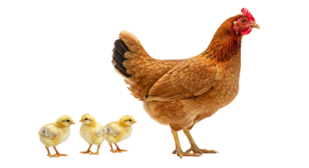 Brown hen with chicks png, mother chicken and baby birds, isolated on transparent background