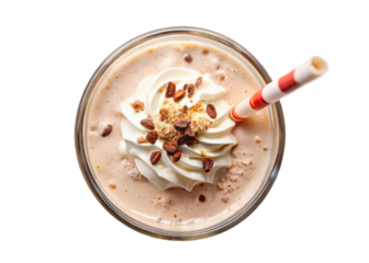 Top view of creamy milkshake with toppings - A delicious milkshake topped with whipped cream, crushed nuts, and chocolate sprinkles, viewed from above with a striped straw.  
