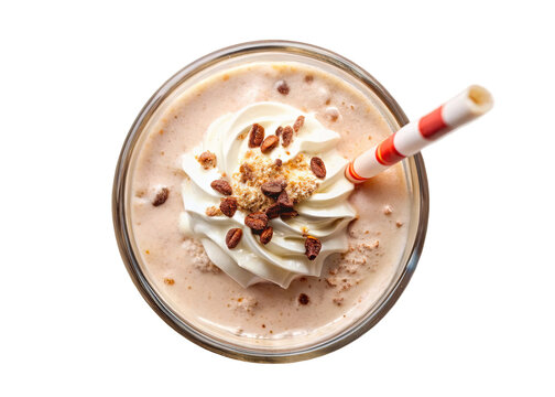 Top view of creamy milkshake with toppings - A delicious milkshake topped with whipped cream, crushed nuts, and chocolate sprinkles, viewed from above with a striped straw.  
