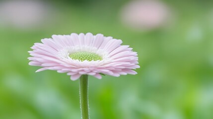 A single pink daisy stands with a green background softly blurred