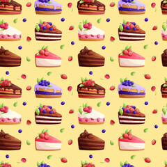 Seamless pattern with pieces of various cakes. The concept of pastry shop, baking, holiday, birthday. Vector illustration for the design of postcards, clothing, textiles, banners, posters
