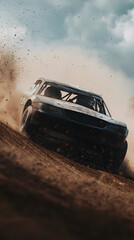 A dirt track racer rounding a bend, with the car kicking up dirt and the driver navigating with precision.

