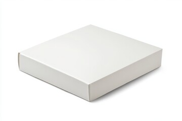 Fototapeta premium A simple square white cardboard box sitting diagonally on a white background with soft shadows