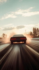 A drag car racing down the strip, with a trail of exhaust and speed behind it, preparing for the finish.

