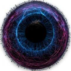 a futuristic, cybernetic eye with intricate neural-like wiring in blue and pink, surrounded by a data-like pattern, evoking themes of AI, technology, and digital vision.