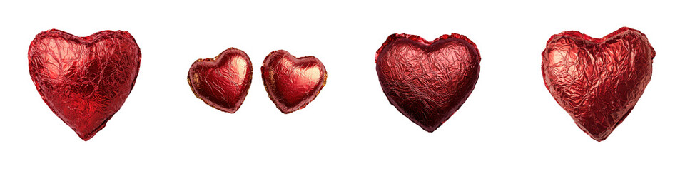 A collection of decadent heart shaped chocolates wrapped in vibrant red foil evoking feelings of love romance and indulgence