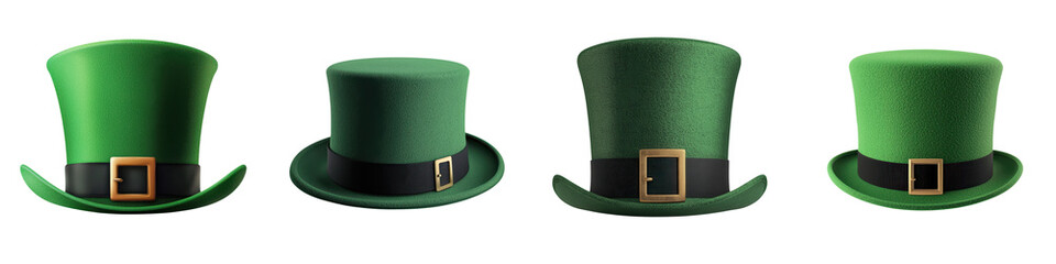 Collection of classic green top hats with gold buckles representing traditional Irish St  Patrick s Day fashion and