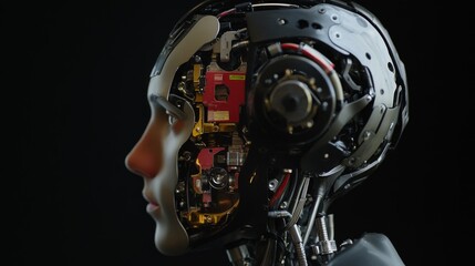 Fototapeta premium A side profile of a humanoid robot with its mechanical inner workings exposed, showcasing the complexity of robotics and the engineering behind artificial intelligence systems.. AI Generation