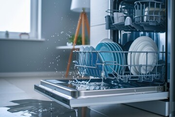 Dishwasher malfunction causes water to leak onto floor during washing cycle in modern kitchen