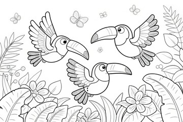 Fototapeta premium Tropical animal theme, Three cartoon toucans flying among tropical foliage and butterflies, in a coloring book style. Outline for coloring