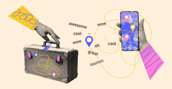 Conceptual halftone collage for travel. Planning vacation sea. Promoting travel blogs, apps, tourism. Vector.
