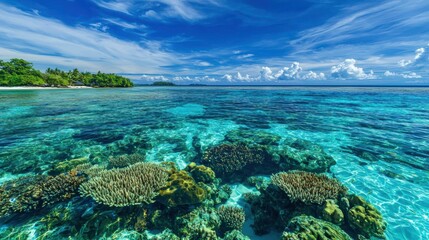 Obraz premium Clear Tropical Waters with Vibrant Coral Reefs Under Blue Sky