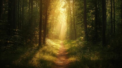 Obraz premium Serene Sunlit Pathway Through Lush Green Forest With Gentle Light