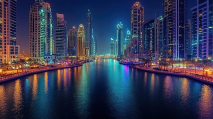 Naklejka premium High rise modern buildings lining a waterfront river at night