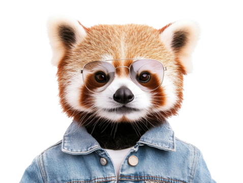 Red panda character wearing glasses and denim jacket poses for fun on a transparent background, cut out